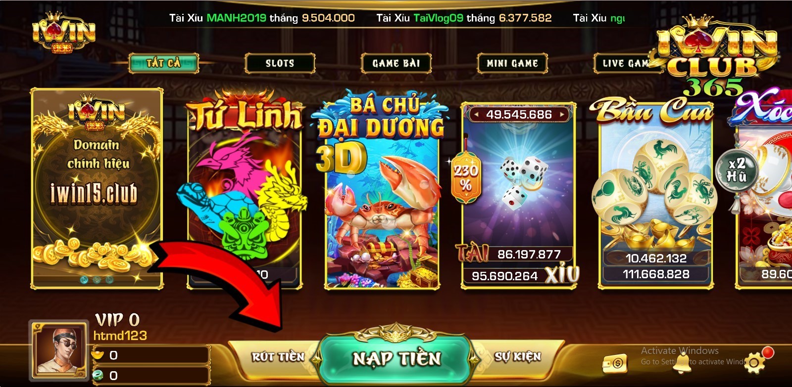 Mục rút tiền tại giao diện chính của IWIN Club