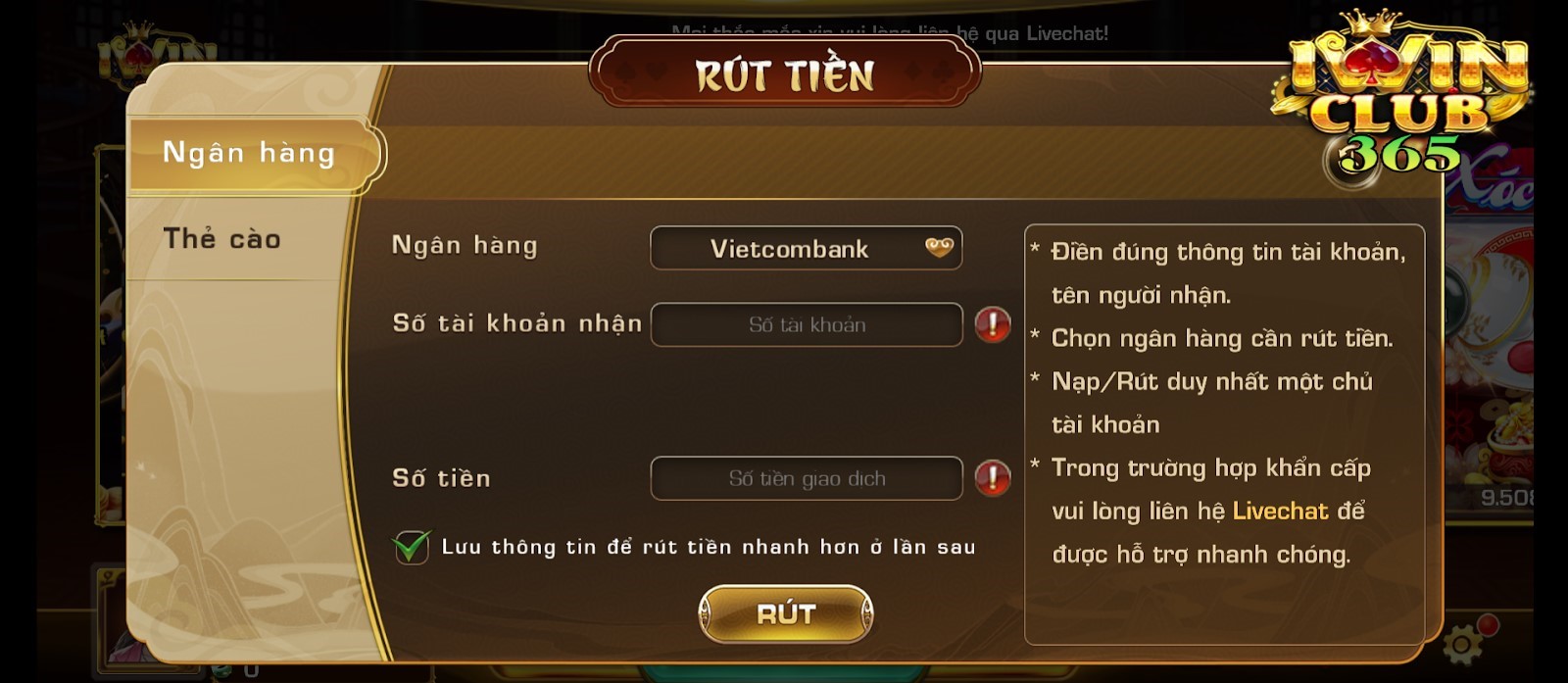 Rút tiền qua ngân hàng Vietcombank tại IWIN CLub