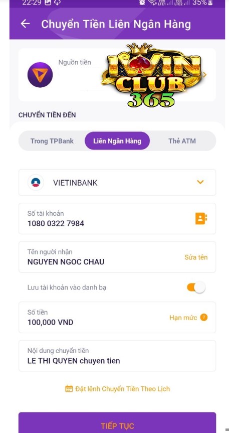 Thực hiện chuyển tiền vào tài khoản ngân hàng do iWin Club cung cấp