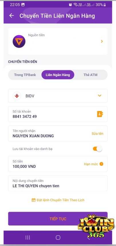 Mở app ngân hàng và thực hiện chuyển tiền