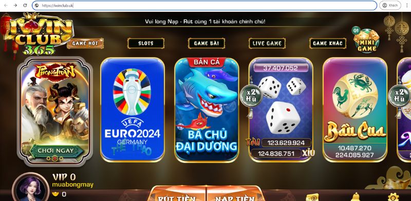 Giao diện cổng game iWin trên domain iwinclub.uk